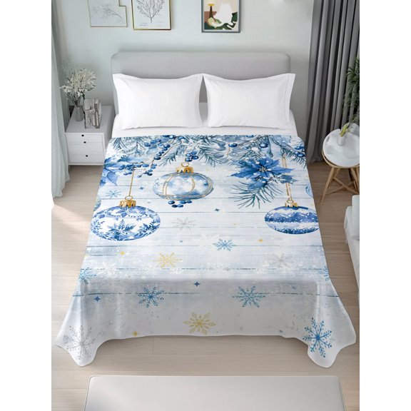 Queen Size Flat Sheet Only,Christmas Light Balls Blue Poinsettia Soft Breathable Top Bedding Sheets Pine Needle Berry Wood Microfiber Hotel Luxury Flat Sheets
