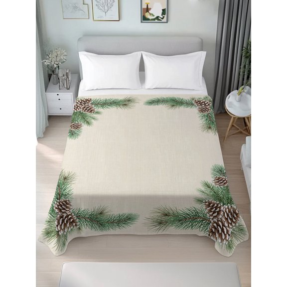 Queen Size Flat Sheet Only,Christmas Pine Cone Fir Sprig Soft Breathable Flat Sheets Hotel Top Bedding Sheets Winter Plant Retro Linen
