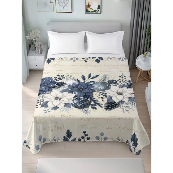 Queen Size Flat Sheet Only,Christmas Poinsettia Flower Leaf Soft Breathable Flat Sheets Hotel Top Bedding Sheets Pinecone Berry Letter Back