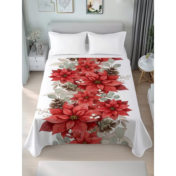 Queen Size Flat Sheet Only,Christmas Poinsettia Pine Cone Berry Soft Breathable Flat Sheets Hotel Top Bedding Sheets Country Winter Botanical