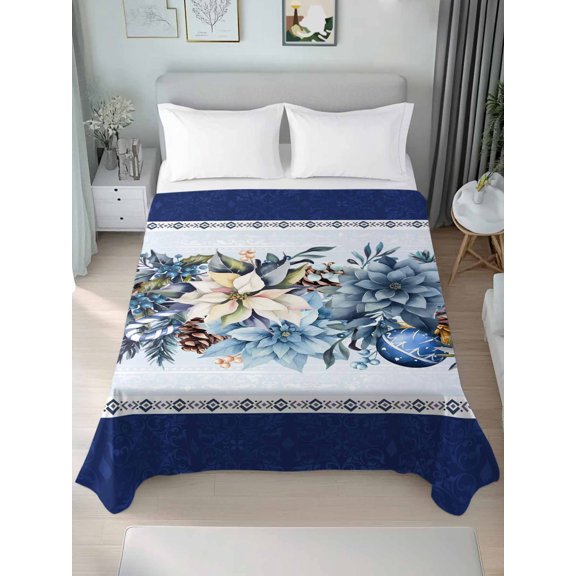 Queen Size Flat Sheet Only,Christmas Poinsettia Pine Cone Soft Breathable Flat Sheets Hotel Top Bedding Sheets Winter Blue Theme
