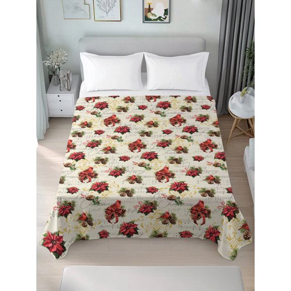Queen Size Flat Sheet Only,Christmas Red Bird Holly Poinsettia Pine Cones Soft Top Bed Sheets Breathable Bedding Sheet Pine Needles on Retro Microfiber Hotel Luxury Top Sheets