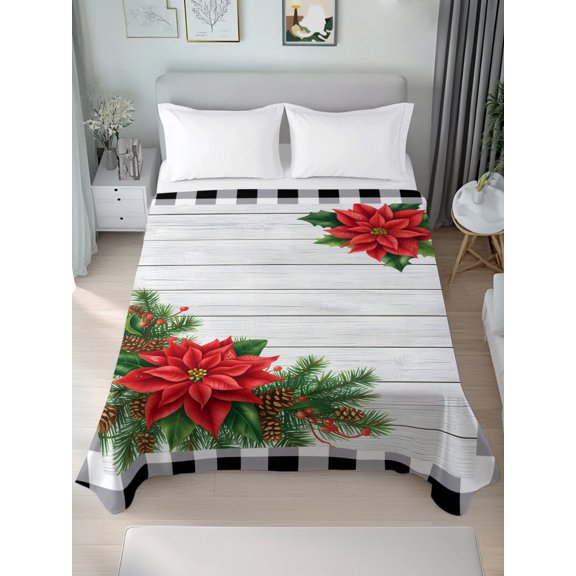 Queen Size Flat Sheet Only,Christmas Red Poinsettia Pine Cones Leaves Soft Breathable Flat Sheets Hotel Top Bedding Sheets Grey Wood Board