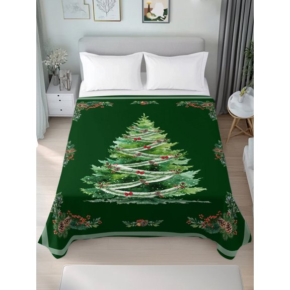 Queen Size Flat Sheet Only,Christmas Trees Pine Cone Soft Breathable Flat Sheets Hotel Top Bed Sheets Winter Botanical Green Theme