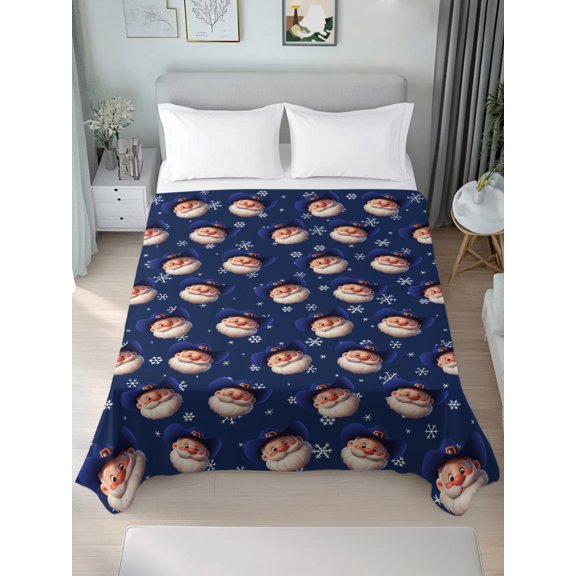 Queen Size Flat Sheet Only,Christmas Western Santa Claus Soft Breathable Top Bedding Sheets Winter Snowflakes Navy Blue Microfiber Hotel Luxury Flat Sheets