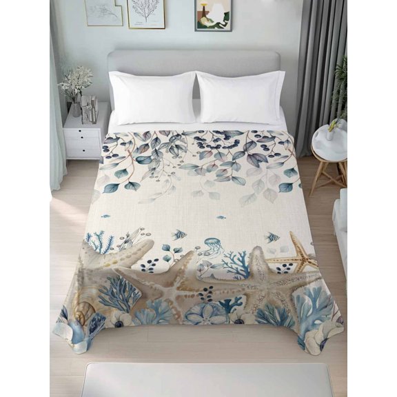 Queen Size Flat Sheet Only,Coastal Starfish Blue Coral Soft Breathable Top Bedding Sheets Country Leaves Retro Linen Microfiber Hotel Flat Sheets