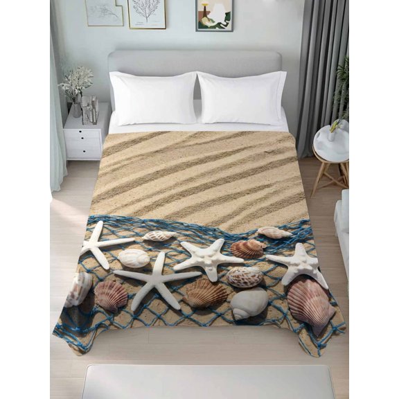 Queen Size Flat Sheet Only,Coastal Starfish Shell Conch Soft Top Bed Sheets Breathable Bedding Sheet Beach Seaside Ocean Creature Microfiber Hotel Luxury Top Sheets