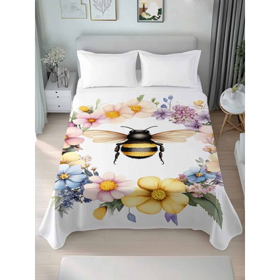 Queen Size Flat Sheet Only,Colorful Flower Wreath Bee Soft Top Bed Sheets Breathable Bedding Sheet Rustic Farmhouse Floral Theme Microfiber Hotel Luxury Top Sheets