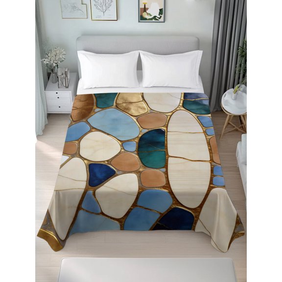 Queen Size Flat Sheet Only,Colorful Stone Pebble Collage Soft Top Bed Sheets Breathable Bedding Sheet Abstract Geometric Microfiber Hotel Luxury Top Sheets