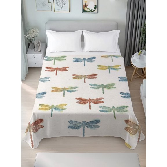 Queen Size Flat Sheet Only,Country Colorful Dragonfly Soft Top Bed Sheets Breathable Bedding Sheet Blue Red on Beige Microfiber Hotel Top Sheets