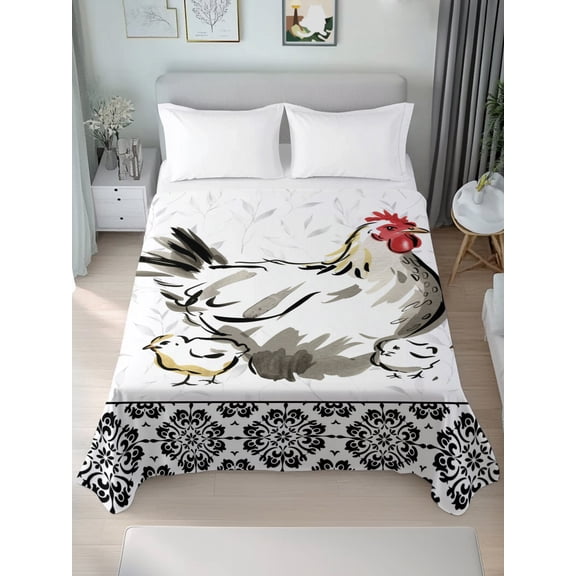 Queen Size Flat Sheet Only,Country Farmhouse Rooster Soft Top Bed Sheets Breathable Bedding Sheet Watercolor Flower Pattern Microfiber Hotel Top Sheets