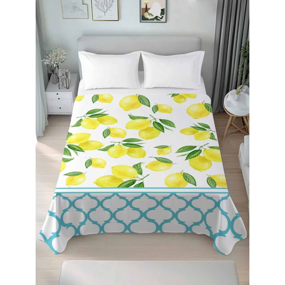 Queen Size Flat Sheet Only,Country Yellow Lemon Fruit Soft Top Bed Sheets Breathable Bedding Sheet Blue Moroccan Trellis Tile Print Microfiber Hotel Luxury Top Sheets