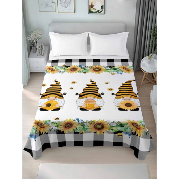 Queen Size Flat Sheet Only,Country Yellow Sunflower Bee Soft Top Bed Sheets Breathable Bedding Sheet Farmhouse Gnome Buffalo Plaid Microfiber Hotel Top Sheets