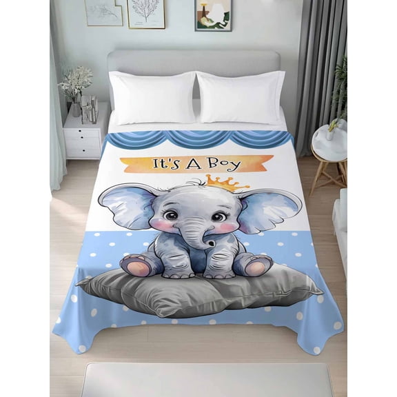 Queen Size Flat Sheet Only,Cute Elephant Cartoon Soft Top Bed Sheets Breathable Bedding Sheet Polka Dot Blue Back Microfiber Hotel Luxury Top Sheets