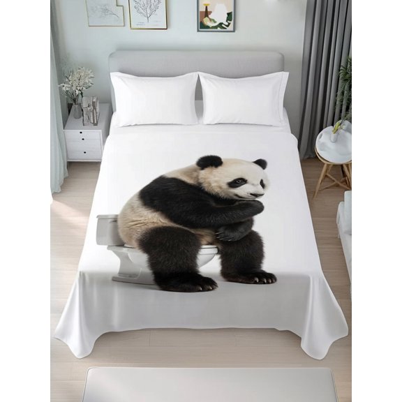 Queen Size Flat Sheet Only,Cute Panda on Toilets Soft Top Bed Sheets Breathable Bedding Sheet Funny Abstract Style Microfiber Hotel Luxury Flat Sheets