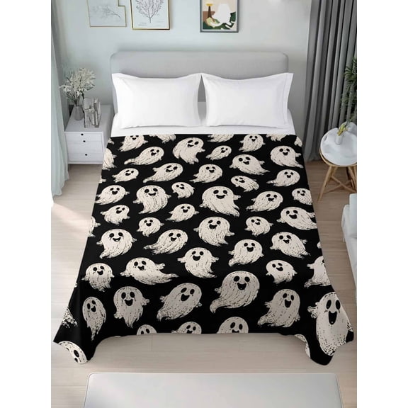 Queen Size Flat Sheet Only,Cute White Ghosts Soft Top Bed Sheets Breathable Bedding Sheet Minimalist Halloween Pattern Microfiber Hotel Luxury Top Sheets