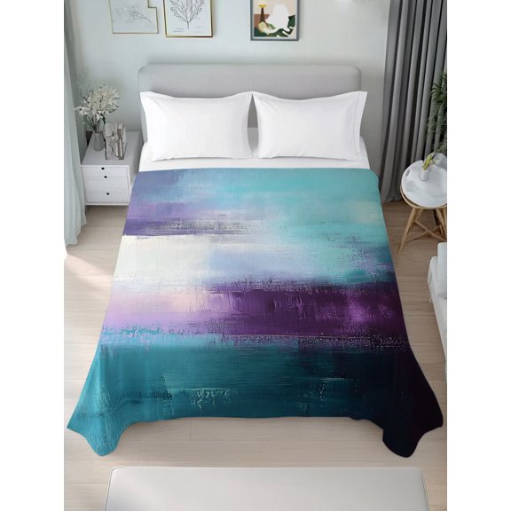 Queen Size Flat Sheet Only,Cyan Purple Stitching Color Block Soft Top Bed Sheets Breathable Bedding Sheet Abstract Oil Painting Art Microfiber Hotel Luxury Top Sheets