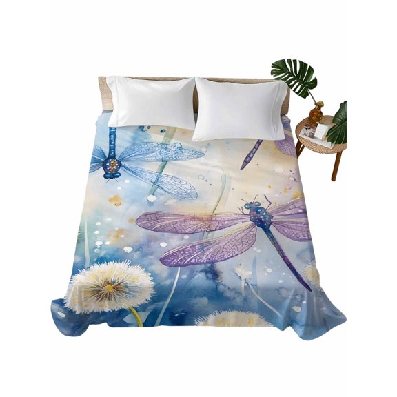 Queen Size Flat Sheet Only, Dragonfly Flowers Soft Brushed Microfiber Bed Sheets, Blue Purple Watercolor Spring Plant Hotel Quality Breathable Bedding Top Sheet, Easy Care, 81"x96"