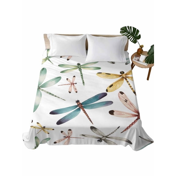 Queen Size Flat Sheet Only, Dragonfly Soft Brushed Microfiber Bed Sheets, Watercolor Colorful Nature Painting Art Hotel Quality Breathable Bedding Top Sheet, Easy Care, 81"x96"
