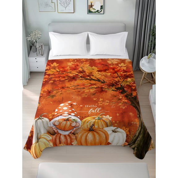Queen Size Flat Sheet Only,Fall Farmhouse Gnome Pumpkin Soft Top Bed Sheets Breathable Bedding Sheet Thanksgiving Orange Maple Leaf Microfiber Hotel Luxury Flat Sheets