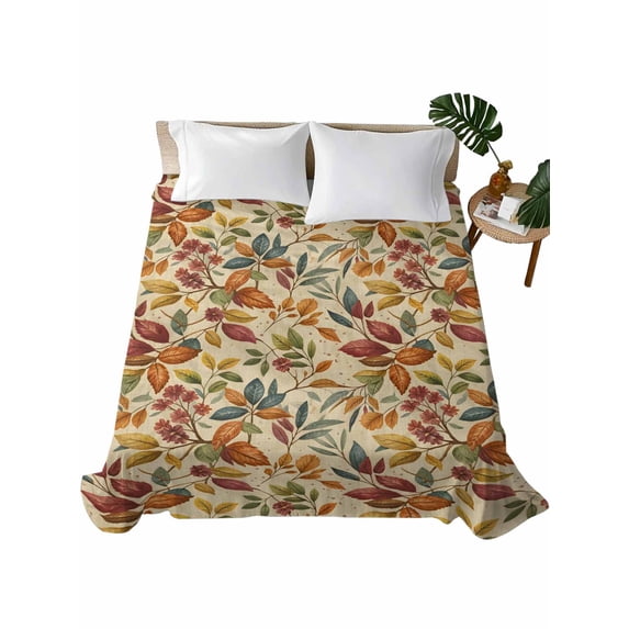 Full Size Flat Sheet Only, Fall Leaves Soft Brushed Microfiber Bed Sheets, Farmhouse Beige Botanical Leaf Autumn Hotel Quality Breathable Bedding Top Sheet, Easy Care, 81"x96"