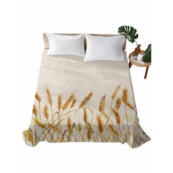 Full Size Flat Sheet Only, Fall Wheat Soft Brushed Microfiber Bed Sheets, Autum Botanical Rustic Yellow Orange Hotel Quality Breathable Bedding Top Sheet, Easy Care, 81"x96"