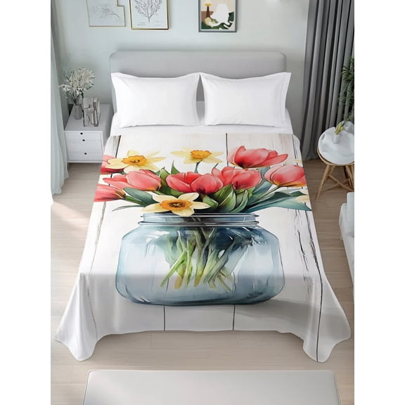 Queen Size Flat Sheet Only,Farm Blossom Tulip Glass Vase Soft Top Bed Sheets Breathable Bedding Sheet Retro White Wood Board Microfiber Hotel Luxury Top Sheets