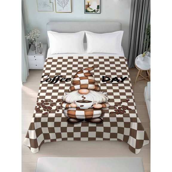 Queen Size Flat Sheet Only,Farm Gnome Coffee Day Beans Soft Top Bed Sheets Breathable Bedding Sheet Classic Brown Buffalo Plaid Microfiber Hotel Luxury Flat Sheets