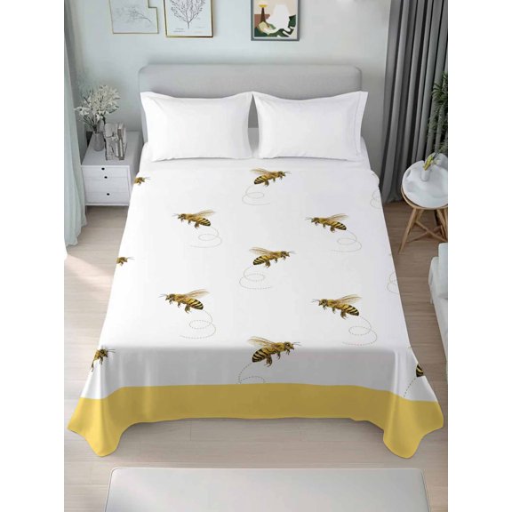 Queen Size Flat Sheet Only,Farm Honey Bee Swirling Yellow Soft Top Bed Sheets Breathable Bedding Sheet Rustic Seamless Insects Microfiber Hotel Luxury Top Sheets