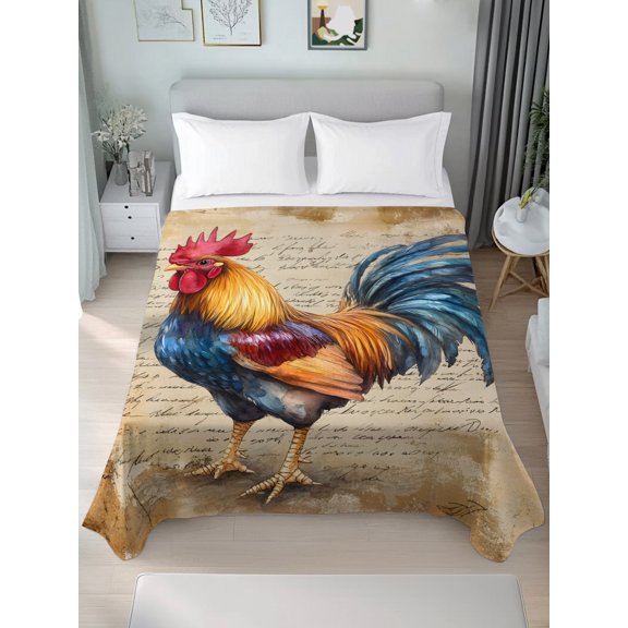 Queen Size Flat Sheet Only,Farm Rooster Vintage Letter Soft Top Bed Sheets Breathable Bedding Sheet Watercolor Microfiber Hotel Top Sheets