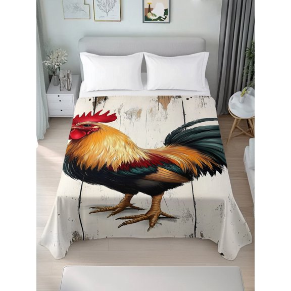 Queen Size Flat Sheet Only,Farm Rooster on Wood Board Soft Top Bed Sheets Breathable Bedding Sheet Country Chicken Microfiber Hotel Top Sheets