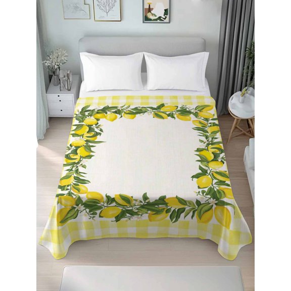 Queen Size Flat Sheet Only,Farm Summer Lemon Soft Breathable Top Bedding Sheets Yellow Check Border Microfiber Hotel Flat Sheets