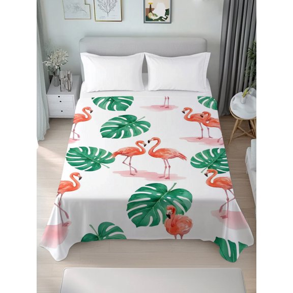 Queen Size Flat Sheet Only,Farm Watercolor Flamingo Leaves Soft Top Bed Sheets Breathable Bedding Sheet Monstera Leaf Art Microfiber Hotel Luxury Top Sheets
