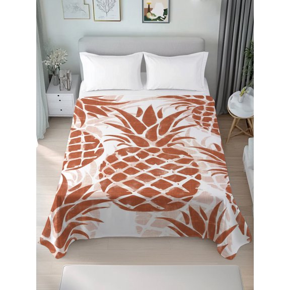 Queen Size Flat Sheet Only,Farmhouse Burnt Orange Pineapple Leaves Soft Top Bed Sheets Breathable Bedding Sheet Fruit Pattern Microfiber Hotel Top Sheets