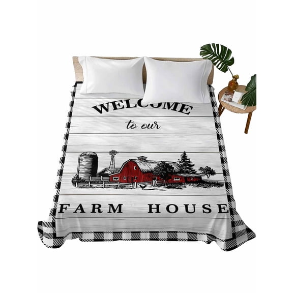 Full Size Flat Sheet Only, Farmhouse Cabin Soft Brushed Microfiber Bed Sheets, Country Vintage House Wood Grain Pliad Hotel Quality Breathable Bedding Top Sheet, Easy Care, 81"x96"