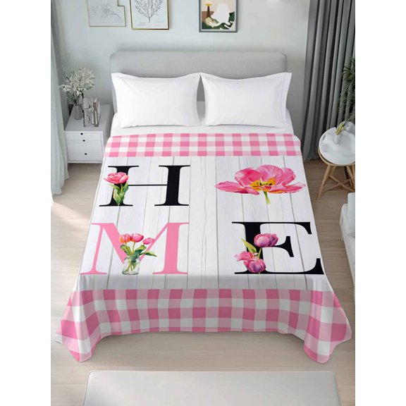 Queen Size Flat Sheet Only,Farmhouse Pink Tulip HOME Text Soft Top Bed Sheets Breathable Bedding Sheet Classic Buffalo Check Microfiber Hotel Luxury Top Sheets