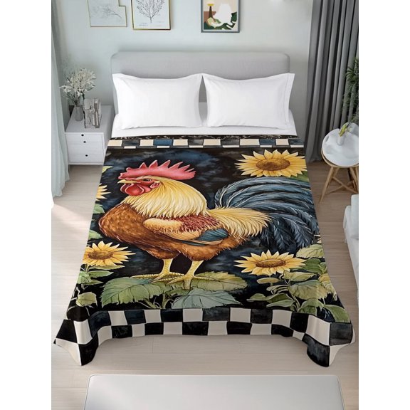 Queen Size Flat Sheet Only,Farmhouse Rooster Sunflower Plant Soft Top Bed Sheets Breathable Bedding Sheet Black White Plaid Microfiber Hotel Top Sheets