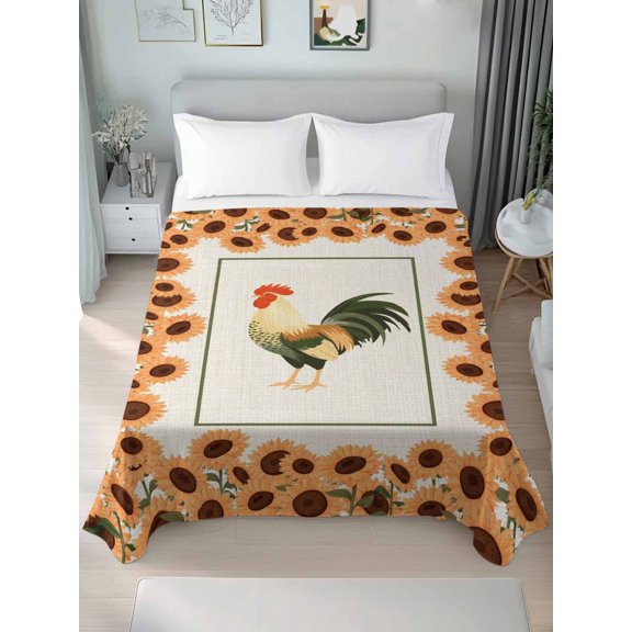 Queen Size Flat Sheet Only,Farmhouse Rooster Vintage Linen Soft Top Bed Sheets Breathable Bedding Sheet Pastoral Sunflower Chicken Microfiber Hotel Luxury Top Sheets