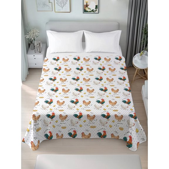 Queen Size Flat Sheet Only,Farmhouse Roosters Hen Abstract Soft Top Bed Sheets Breathable Bedding Sheet Country Microfiber Hotel Top Sheets