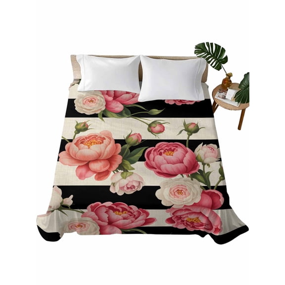 Full Size Flat Sheet Only, Flower Stripes Soft Brushed Microfiber Bed Sheets, Black White Geometric Pink Rose Floral Hotel Quality Breathable Bedding Top Sheet, Easy Care, 81"x96"