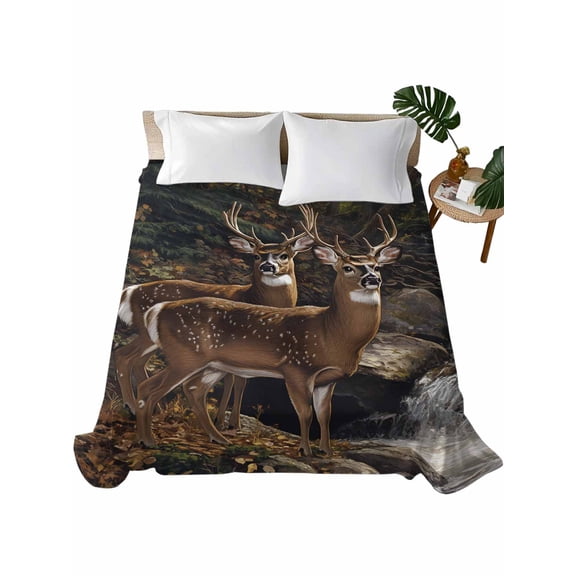 Queen Size Flat Sheet Only, Forest Deer Soft Brushed Microfiber Bed Sheets, Farmhouse Vintage River Elk Hotel Quality Breathable Bedding Top Sheet, Easy Care, 81"x96"