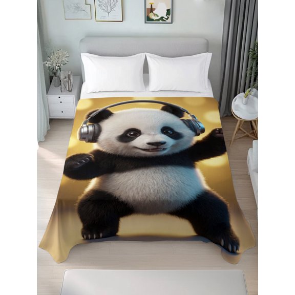 Queen Size Flat Sheet Only,Funny Panda Headphones Soft Top Bed Sheets Breathable Bedding Sheet Cute Art Shining Back Microfiber Hotel Luxury Flat Sheets