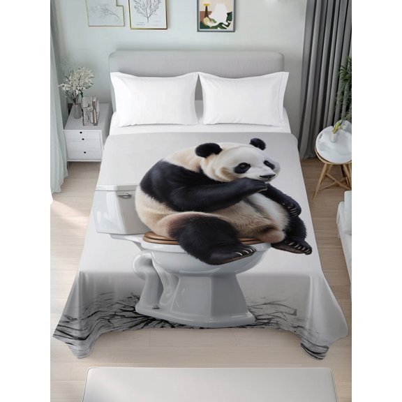 Queen Size Flat Sheet Only,Funny Panda Sitting on The Toilet Soft Top Bed Sheets Breathable Bedding Sheet Gray and White Art Microfiber Hotel Luxury Top Sheets
