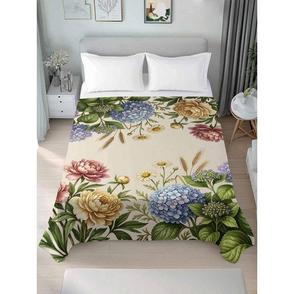 Queen Size Flat Sheet Only,Garden Watercolor Hydrangea Soft Top Bed Sheets Breathable Bedding Sheet Spring Peony Flower Daisy on Beige Microfiber Hotel Luxury Top Sheets