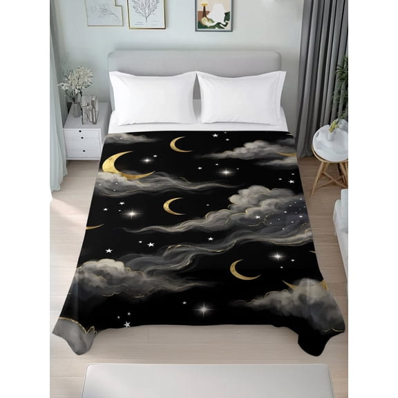 Queen Size Flat Sheet Only,Golden Moons Mystical Evening Soft Top Bed Sheets Breathable Bedding Sheet Celestial Cloud Black Sky Microfiber Hotel Luxury Top Sheets