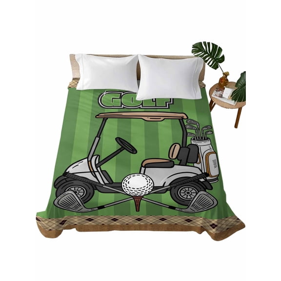 Full Size Flat Sheet Only, Golf Balls Soft Brushed Microfiber Bed Sheets, Green Sports Art Truck Brown Lattice Hotel Quality Breathable Bedding Top Sheet, Easy Care, 81"x96"