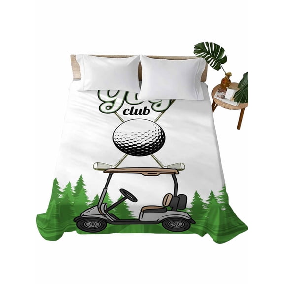 Full Size Flat Sheet Only, Golf Soft Brushed Microfiber Bed Sheets, Green Forest Tree Balls Clubs Sports Cartoon Hotel Quality Breathable Bedding Top Sheet, Easy Care, 81"x96"