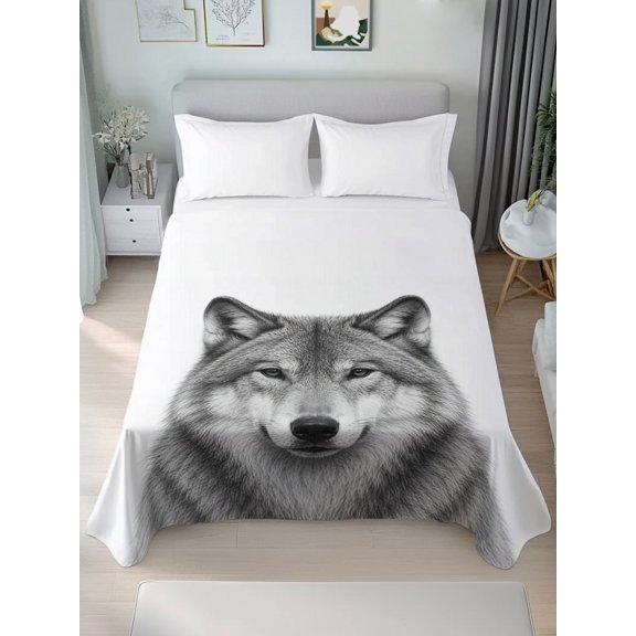 Queen Size Flat Sheet Only,Gray Timber Wolf Sketch Soft Breathable Top Bedding Sheets Minimalist Wildlife Pattern Microfiber Hotel Flat Sheets