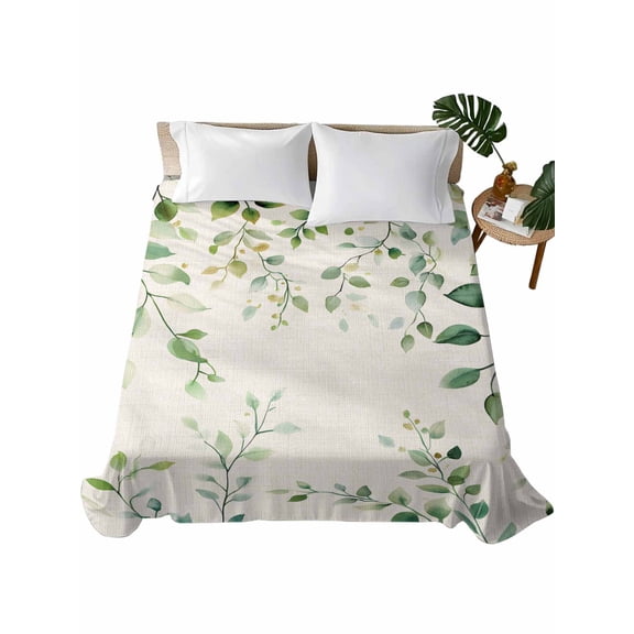Full Size Flat Sheet Only, Green Eucalyptus Soft Brushed Microfiber Bed Sheets, Country Nature Leaf Succulent Plant Hotel Quality Breathable Bedding Top Sheet, Easy Care, 81"x96"