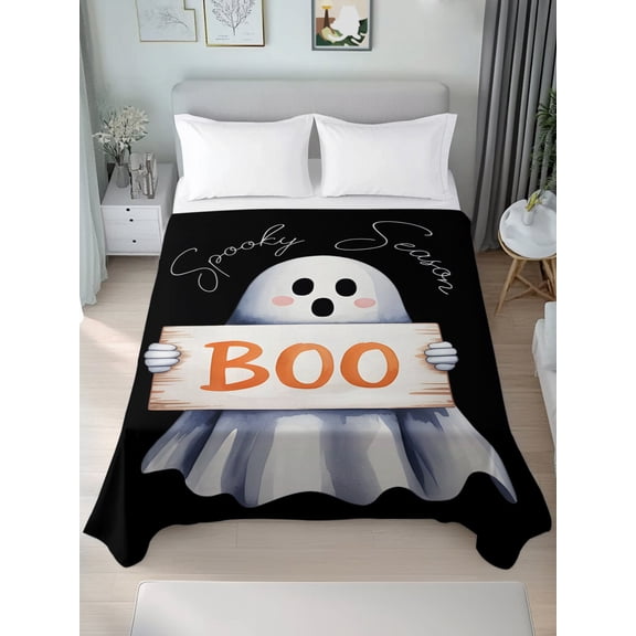 Queen Size Flat Sheet Only,Halloween Ghost Boo on Black Soft Top Bed Sheets Breathable Bedding Sheet Cartoon Style Microfiber Hotel Luxury Top Sheets